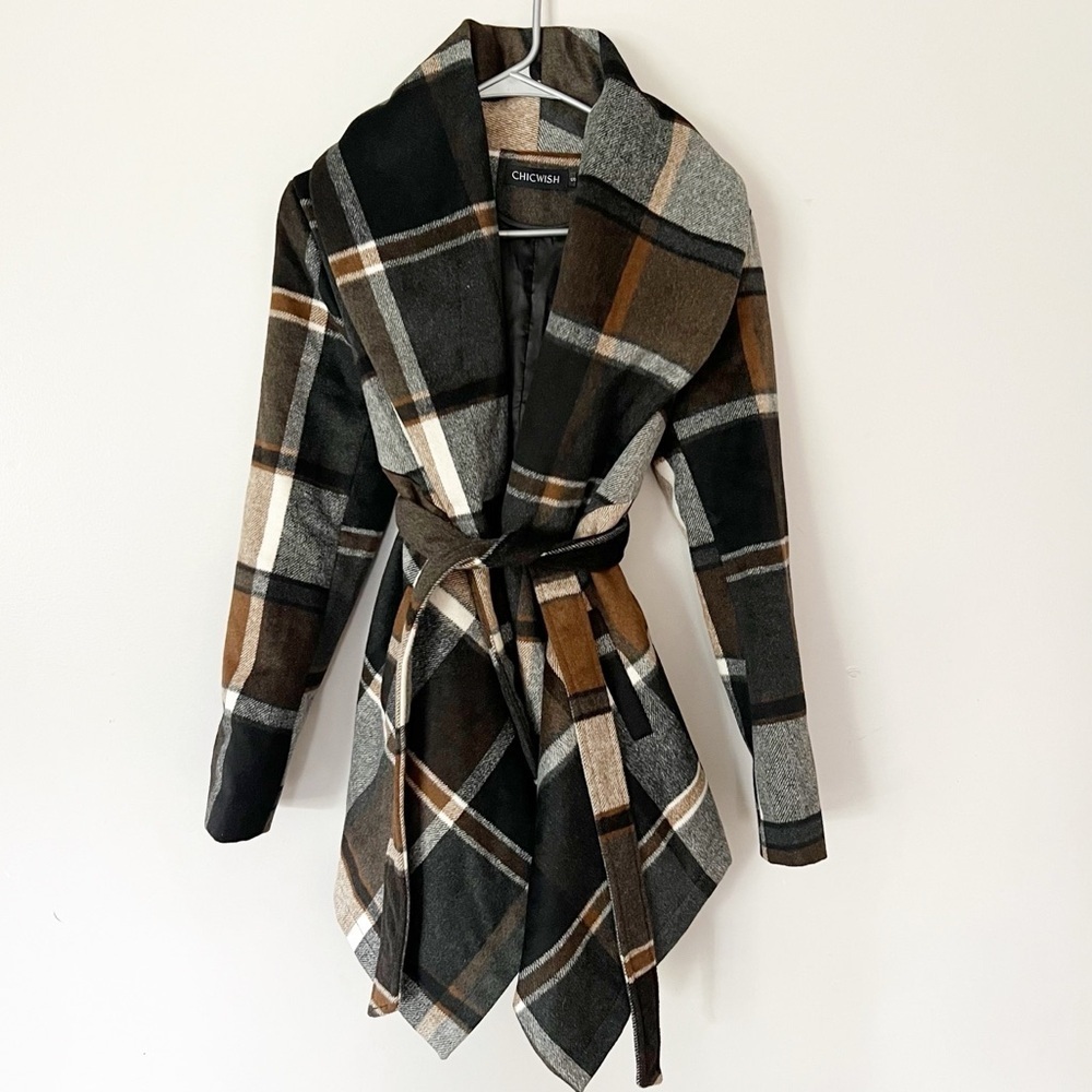 Chicwish Wool Plaid Wrap Coat Pockets Praire Check Rabato Small Chic Academia L - Picture 10 of 10
